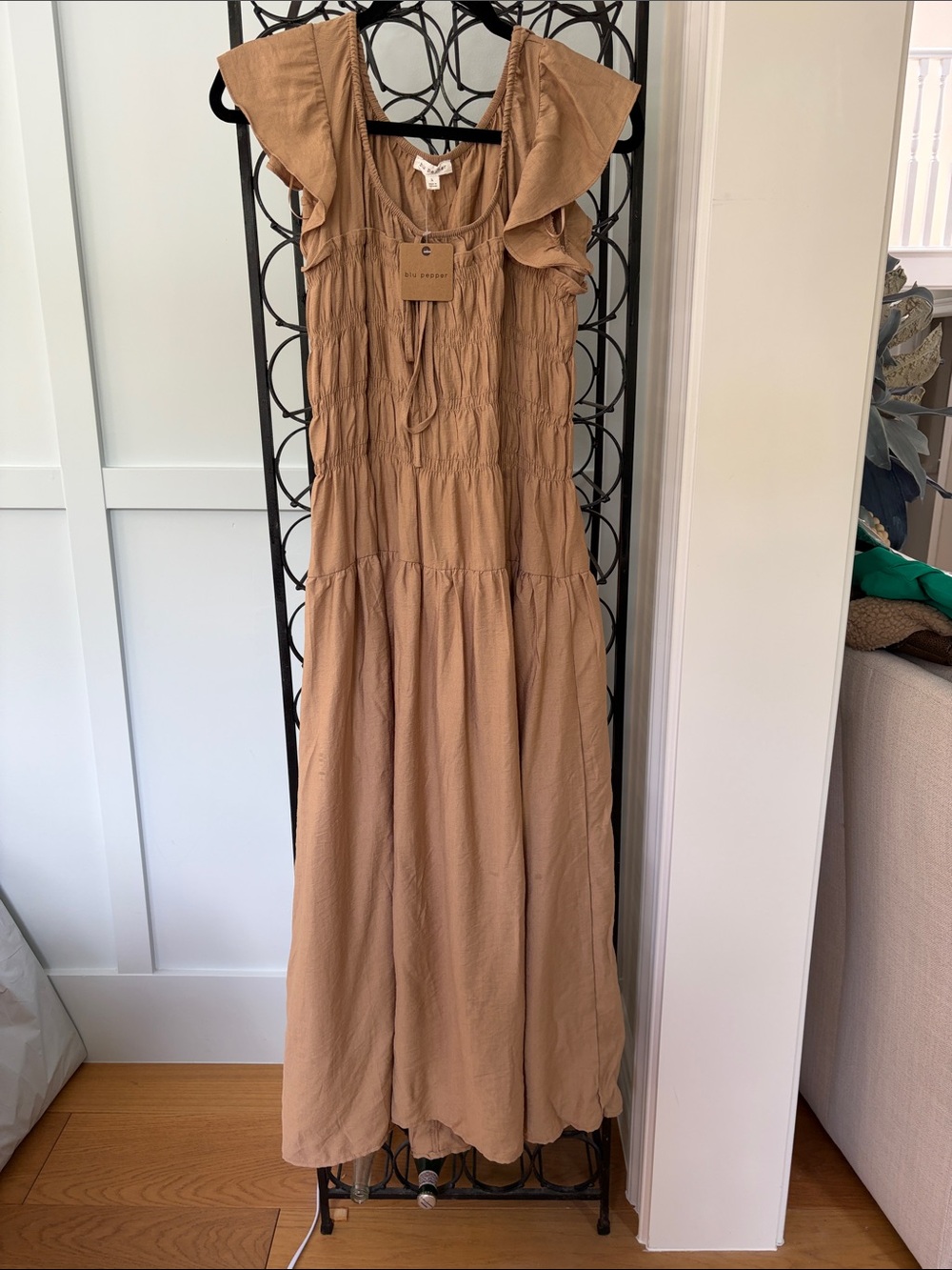 Blu Pepper Tan Ruffled Shoulder Maxi Dress